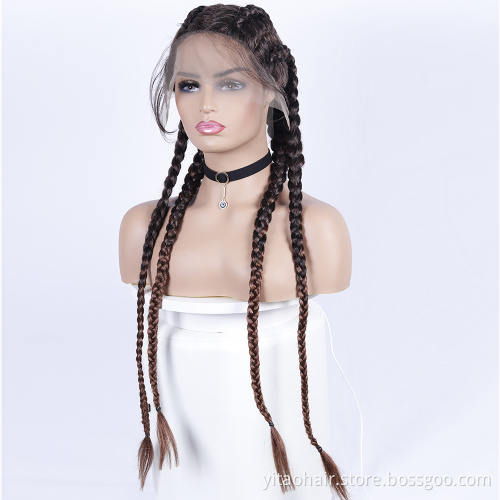 High Quality Braid Synthetic Wig Cornrows 4 Braids Hair ombre brown Braided  Lace Front Wigs with Baby Hair for Women